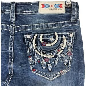 Grace in LA Bootcut Jeans Tribal Feather Embroider Fray Hem Easy Fit 32X33* (30)